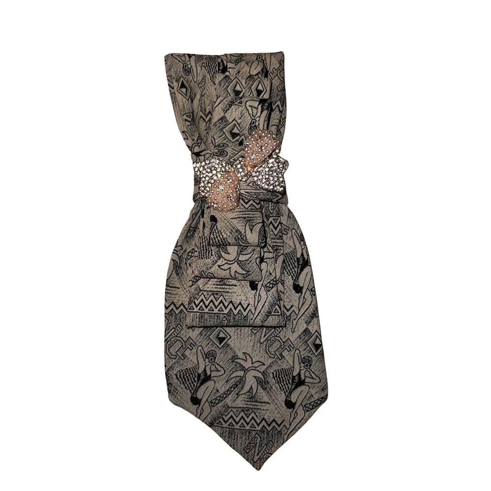 Elegant Gray Novelty Print Junk Tie Fashion Accessory Crystal Bow Brooch
